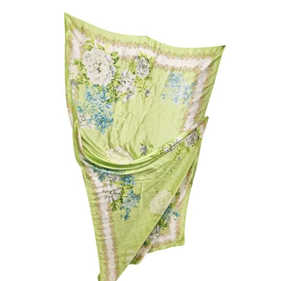 Green Floral Satin Scarf Lightweight Shawl Wrap Elegant Summer Accessory - Picture 5 of 12